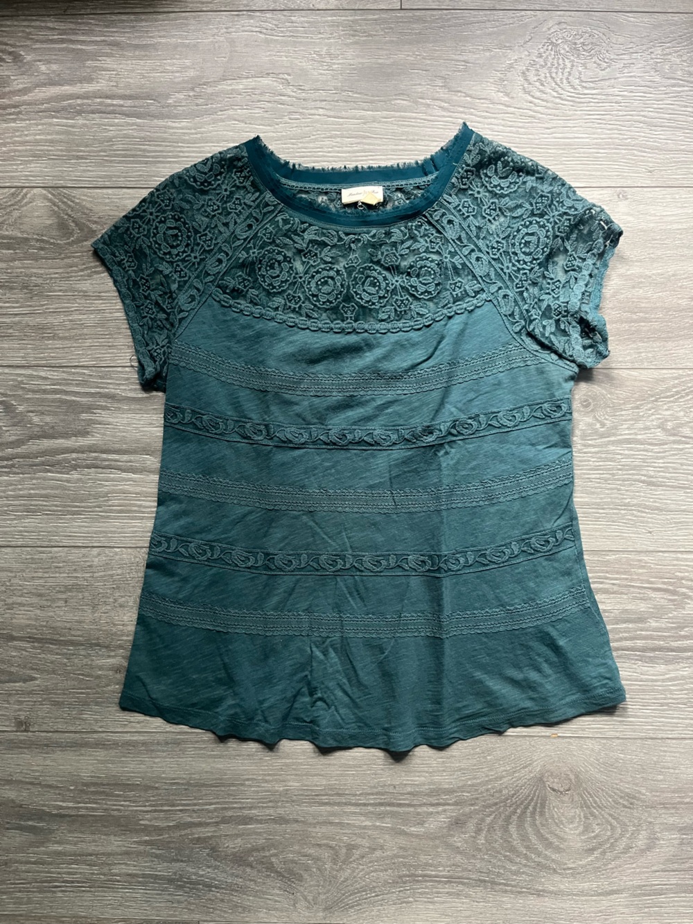 Meadow Rue Anthropologie Blue Green Lace 100% Cotton Short Sleeve Top Size M